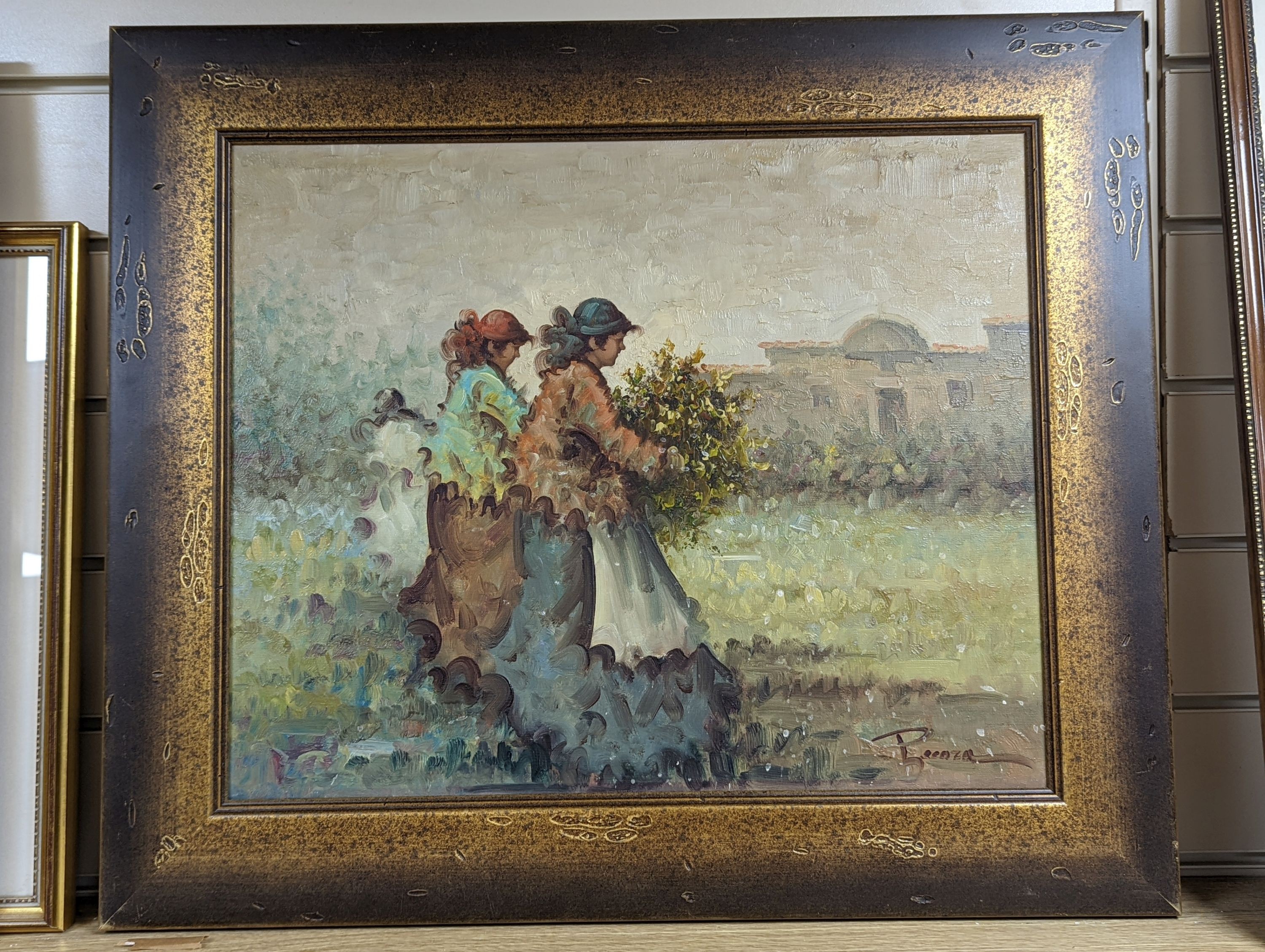 Pecora (American, b.1934-), oil on canvas, Women working in the fields, signed, 40 x 48cm